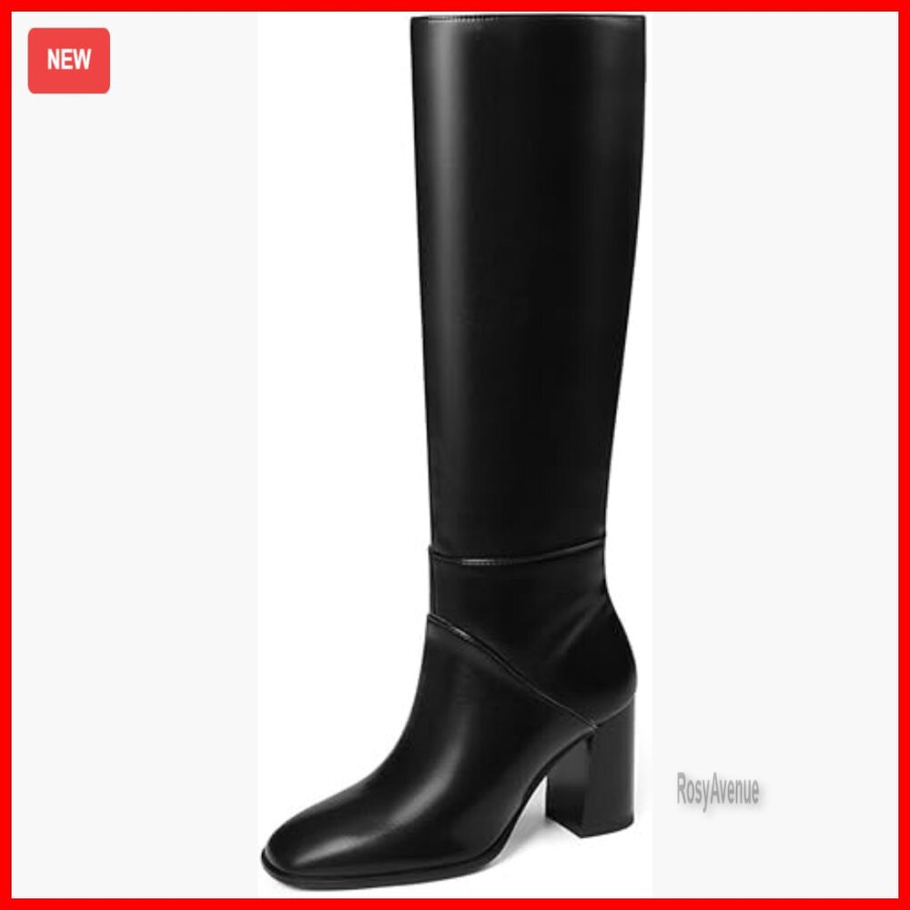 Knee High Block Heel Boots Wide Calf Faux Suede Square Toe Side Zipper